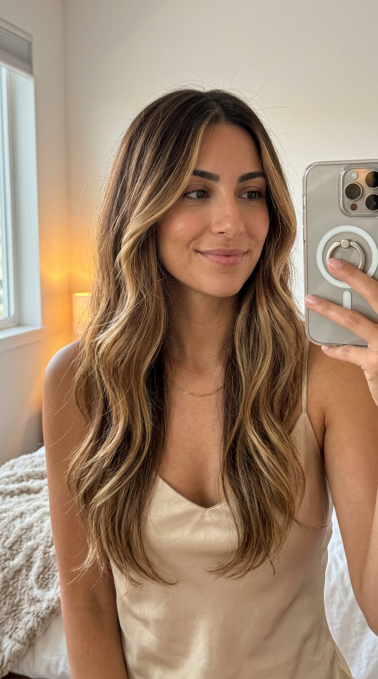 long layered haircut with caramel honey blonde balayage, face-framing layers, soft V-shape back — romantic effortless sun-kissed