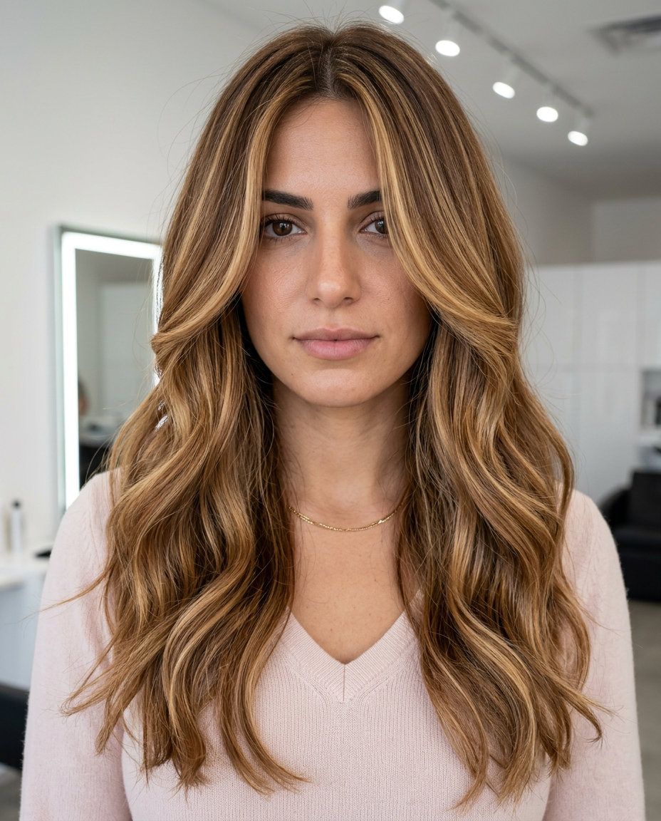Caramel Honey Brown Hair Color 2026: Ribbon Highlights long caramel honey brown hair with ribbon highlights and face-framing pieces for summer