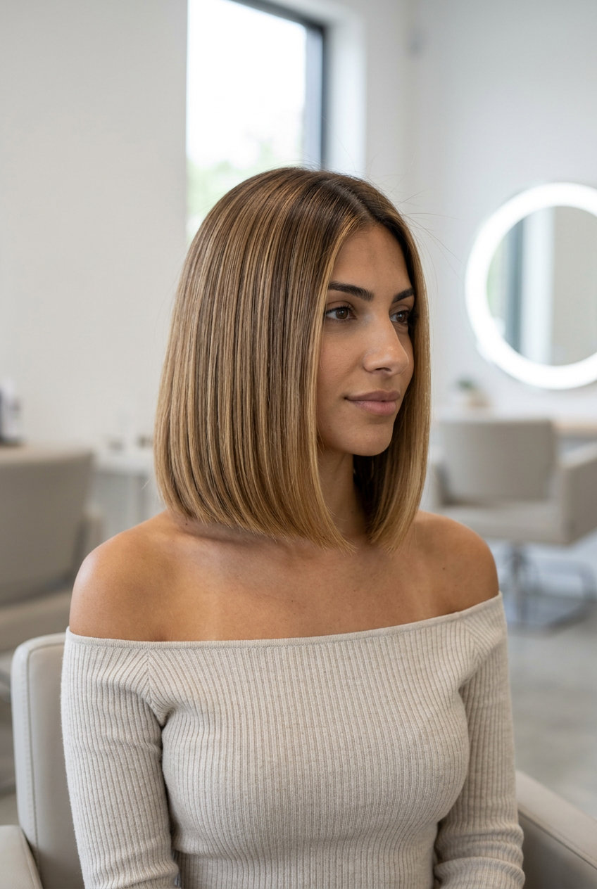 Sun-Kissed Honey Bob Hair Color 2026 shoulder-length caramel honey brown bob with golden balayage highlights for sleek style