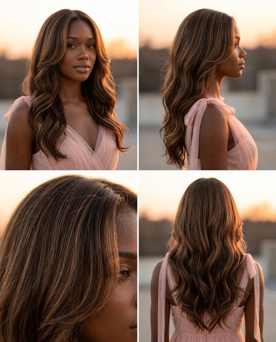 Romantic Heatless Waves Hairstyle 2026 long natural brunette hairstyle with caramel babylights and soft face-framing layers for summer