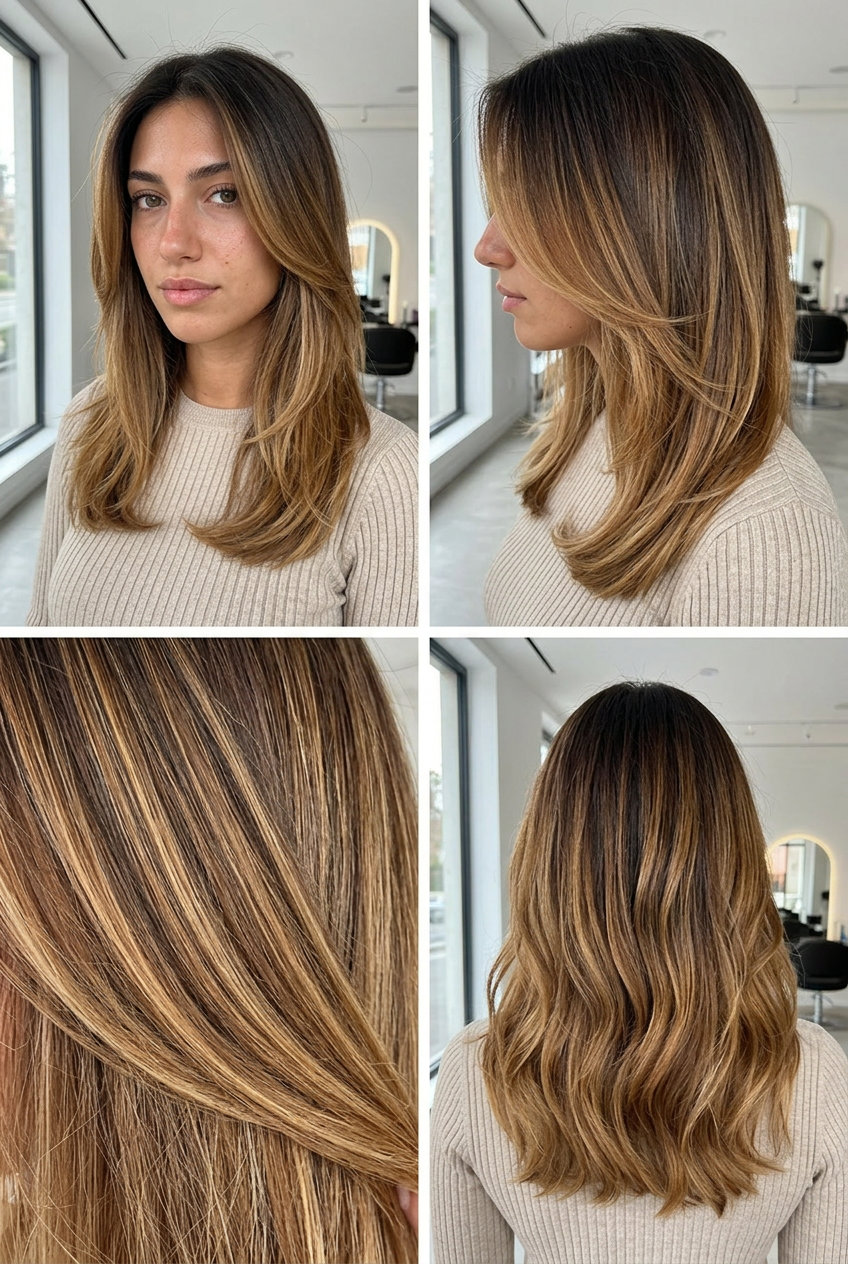 Caramel Swirl Ombré Brunette 2026 long caramel swirl ombré on brunette with golden blonde ends, seamless sun-kissed transition for weekends
