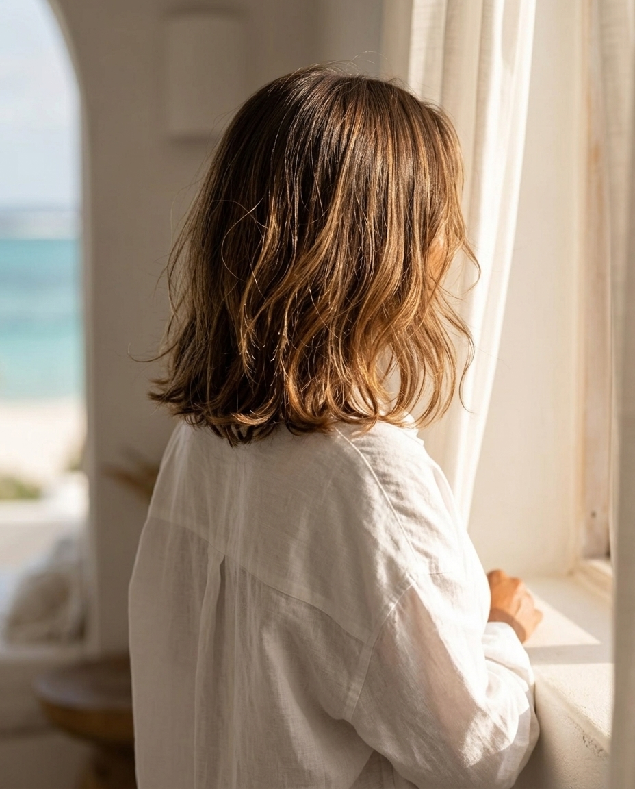 Soft Wavy Bob Hairstyle 2026: Effortless & Romantic medium caramel mocha brunette hairstyle with golden babylights and soft waves for summer