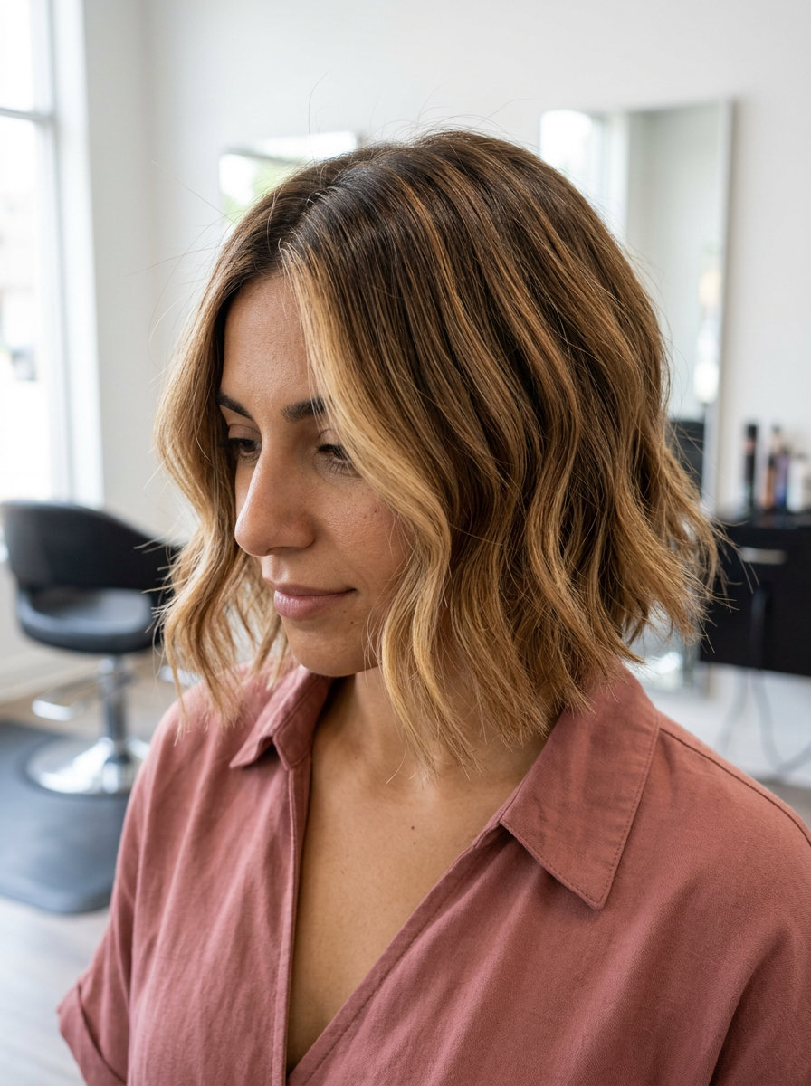 short wavy bob haircut with warm caramel balayage, textured ends for weekend brunch