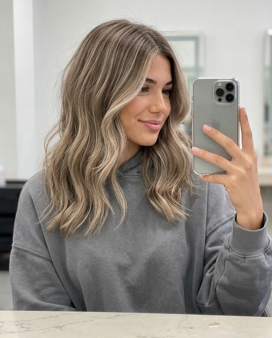 long champagne ash balayage hair color with light ash brown, champagne ash blonde for sun-kissed look