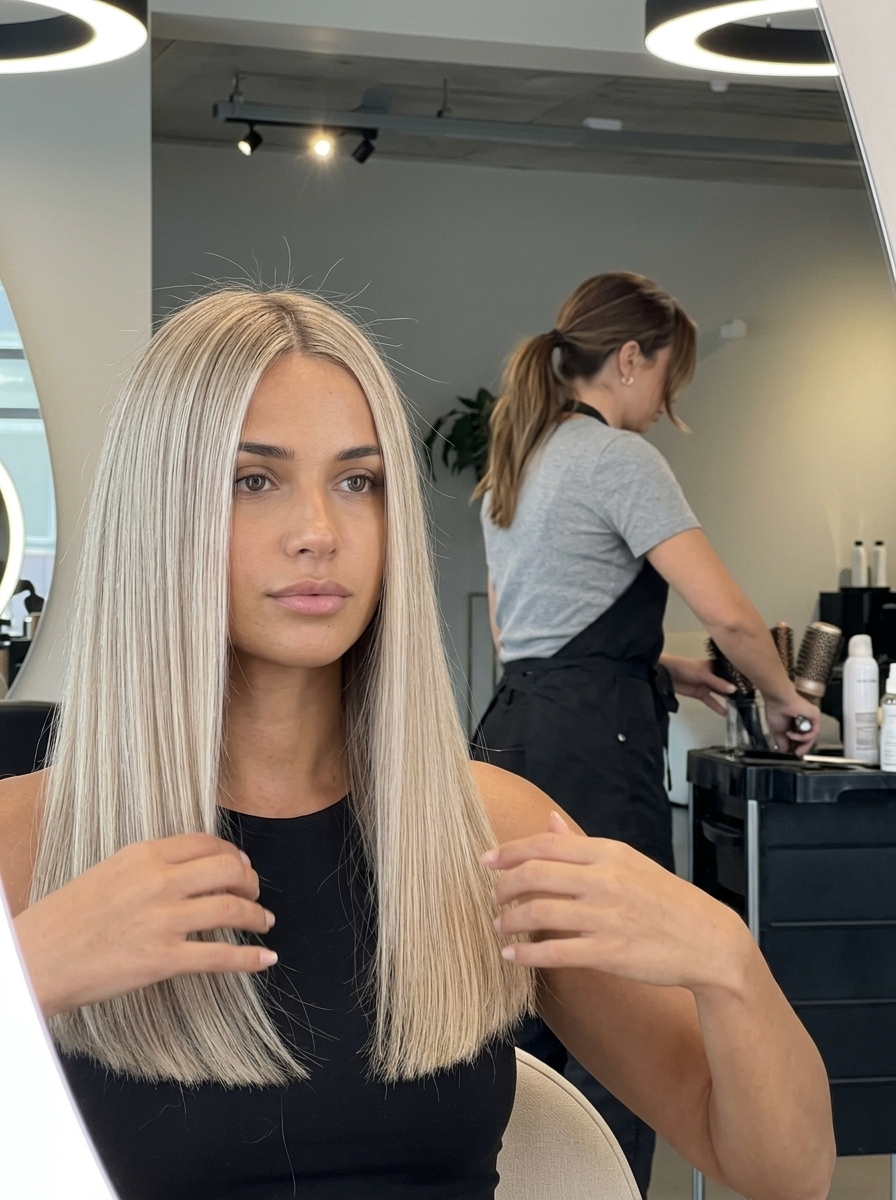 Scandinavian Summer Sleek: Long Blonde Haircut 2026 long blunt haircut in cool champagne blonde with icy highlights and center part for professional wear
