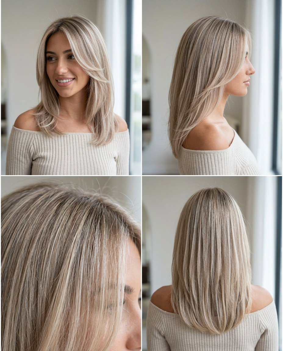 long sleek cut champagne blonde highlights with cool champagne & beige, babylights technique — elegant office look