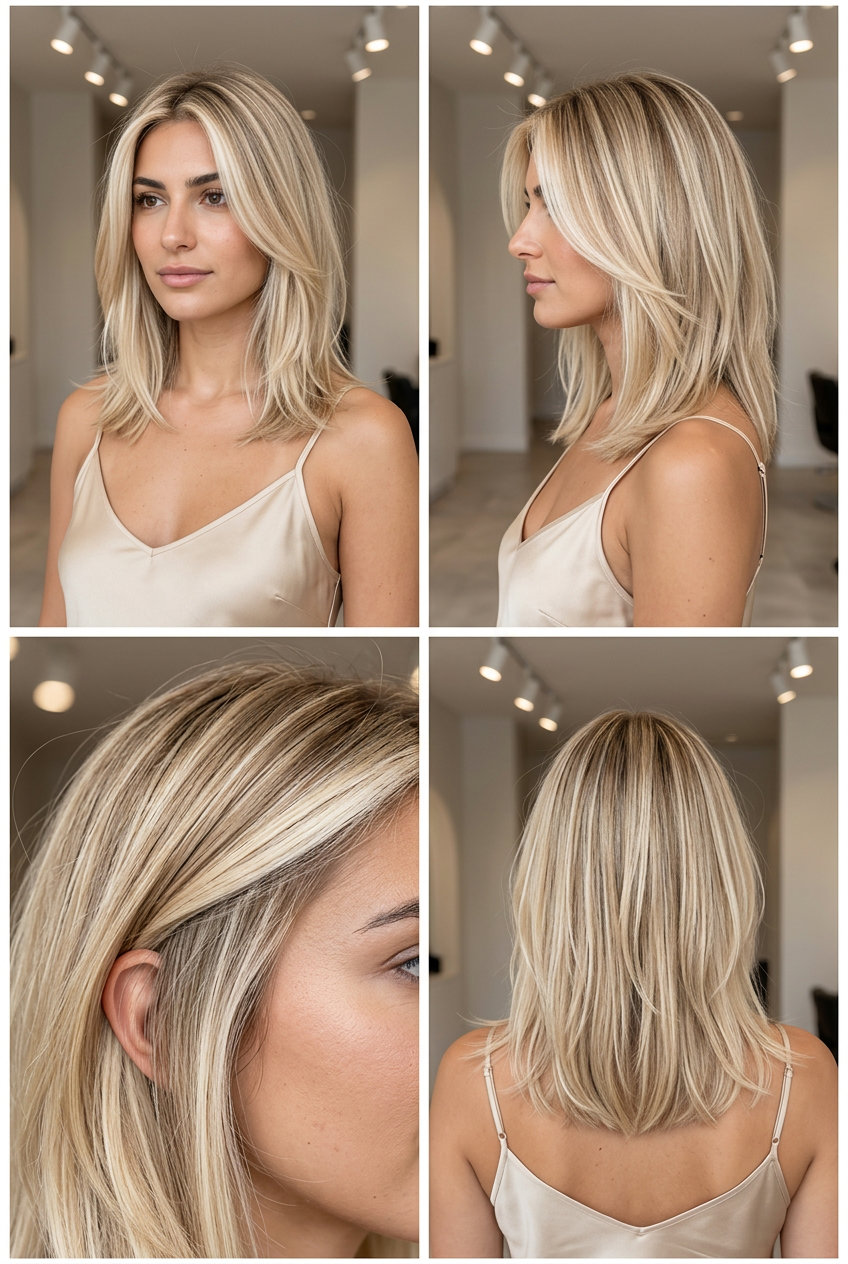 Champagne Blonde Highlights 2026: Face-Framing Glow long champagne blonde haircut with creamy blonde base, face-framing highlights, no fringe — luminous summer style