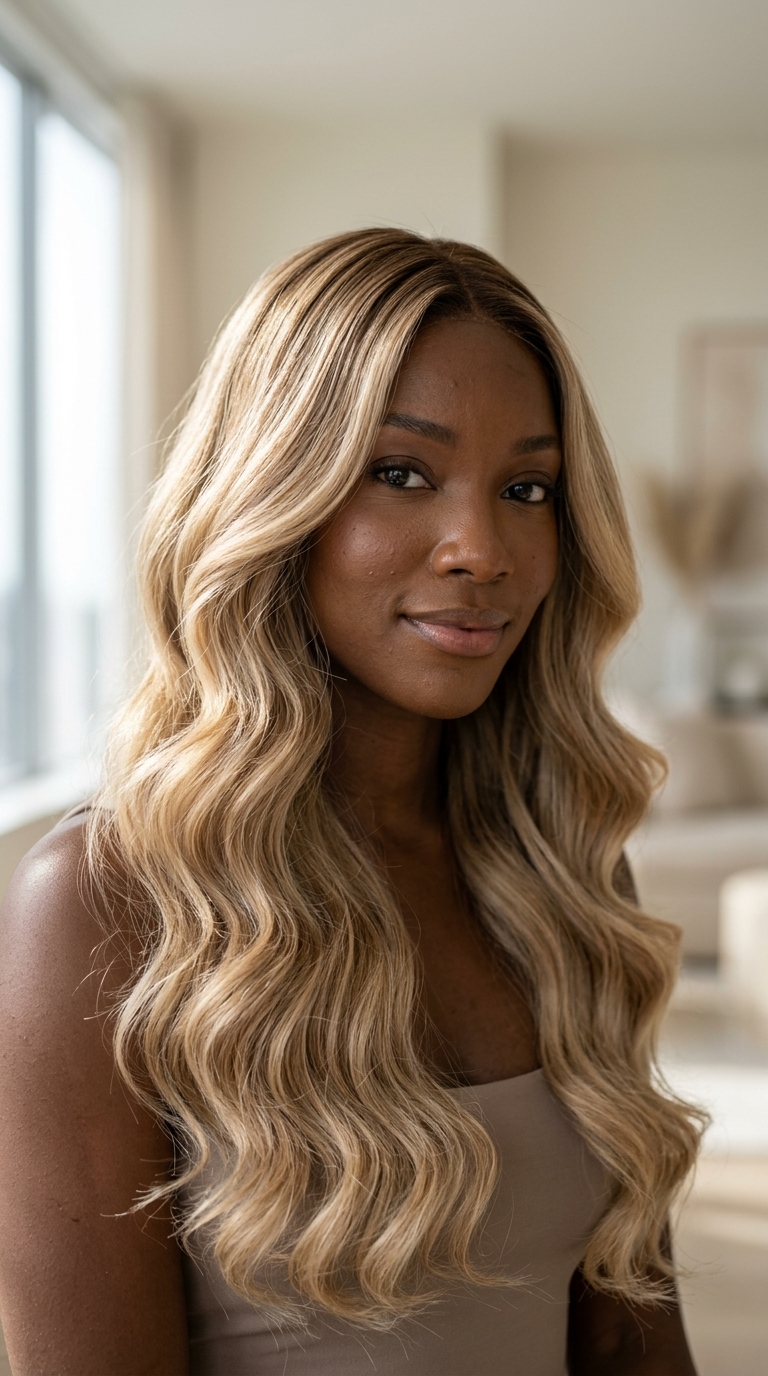Champagne Gala Waves 2026 long champagne toast blonde hollywood waves with beige lowlights for formal event