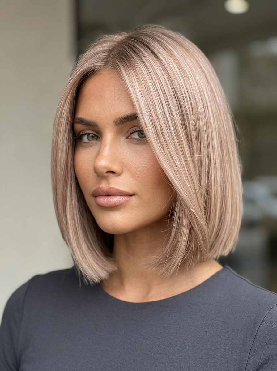 Chic Champagne Bronze Bob 2026 chin-length french bob with champagne bronze hair color, pale gold-beige base with bronze reflects, no fringe — professional and chic