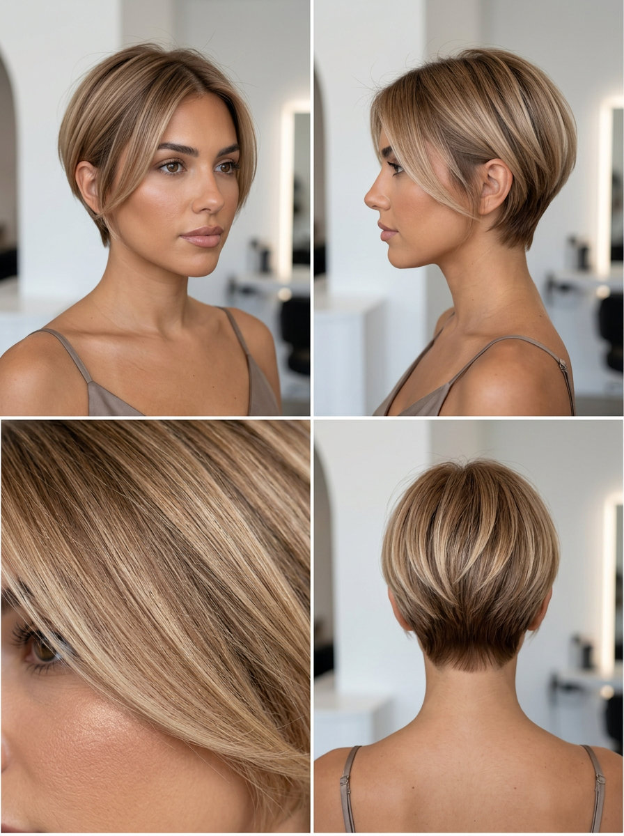 Champagne Bronze French Pixie 2026 short french pixie cut with champagne bronze hair color, pale shimmering bronze with gold shimmer, soft root smudge, no fringe — minimalist and sophisticated