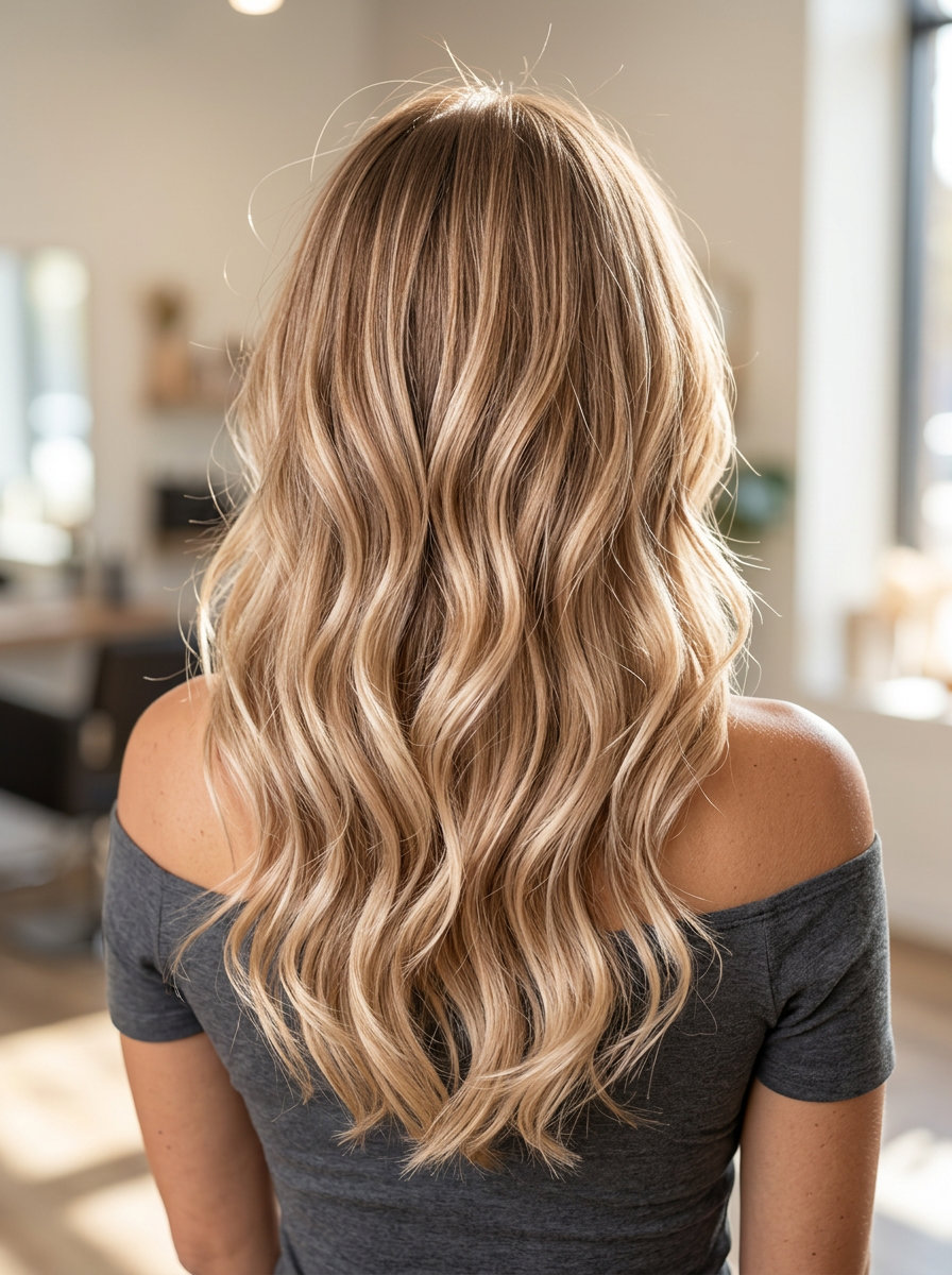 Champagne Bronze Balayage 2026: Sun-Kissed & Chic long champagne bronze balayage with high-lift pieces for beach club