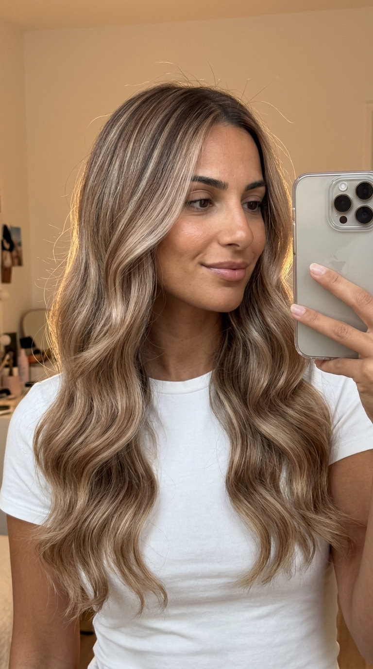 Champagne Bronze Balayage Long Waves 2026 long layered hair with champagne bronze balayage, pale gold and caramel lowlights, no fringe — glamorous and luxurious