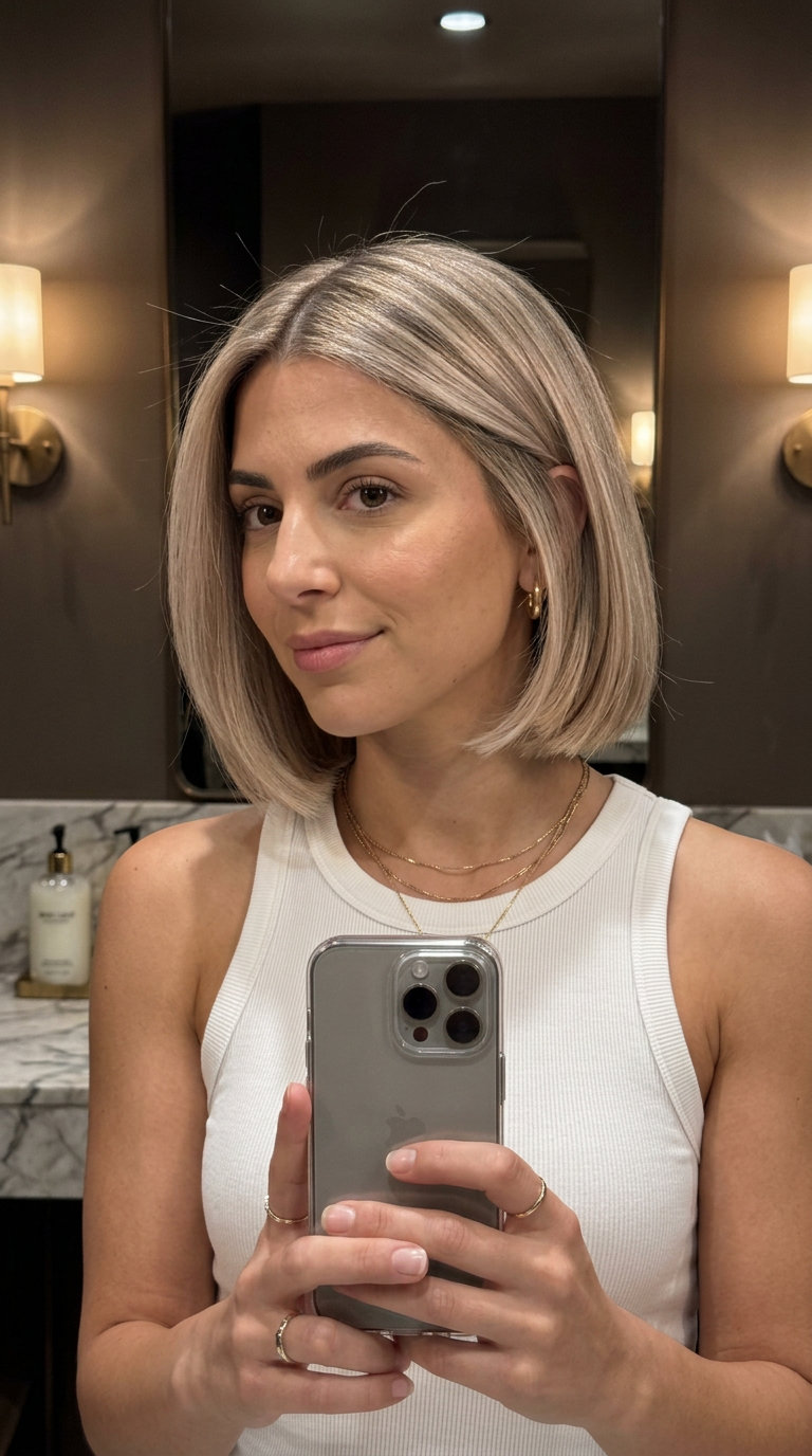 chin-length sculpted balayage bob with champagne blonde and cool beige tones, blunt perimeter for sophistication