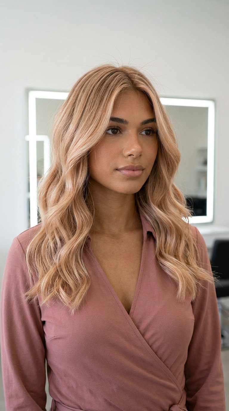 Champagne Pop Blonde Highlights 2026 long champagne blonde highlights with peachy-gold undertones, foilyage technique — playful summer party