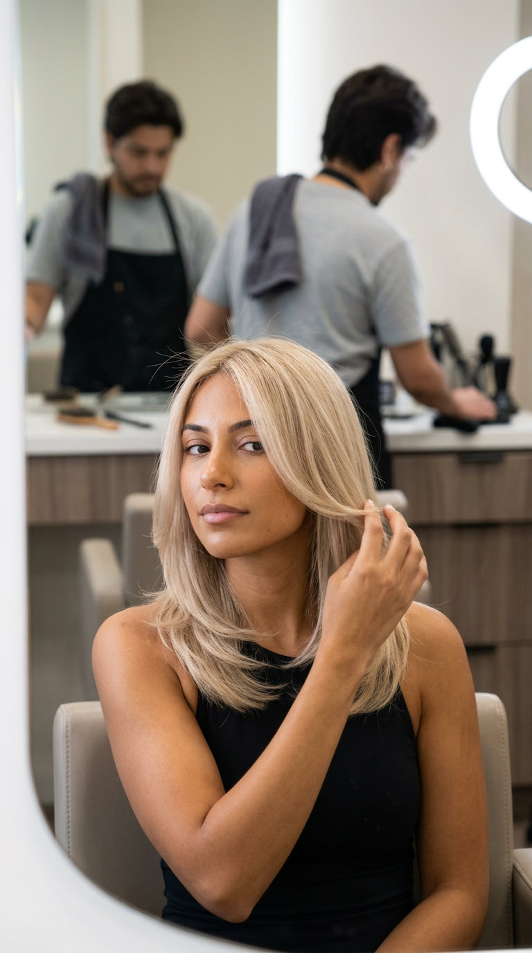 long layered champagne blonde hair with pearl undertones, all-over color, no fringe — chic summer style
