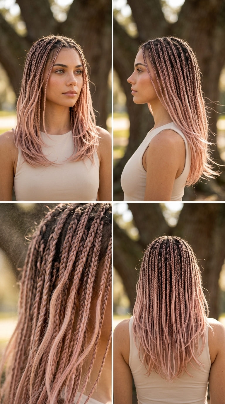collarbone-grazing braids with champagne pink, point-cut layers, face-framing braids — romantic summer hairstyle