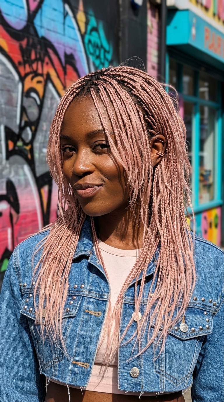 medium champagne pink shag micro-braids with razored layers, no fringe — playful festival style