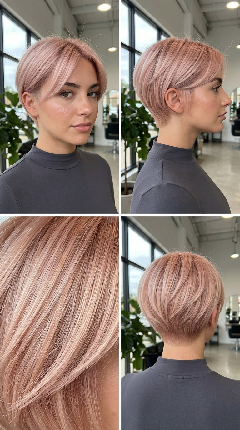 short Champagne Strawberry blonde sculpted crop with clipper fade and structured top for modern style