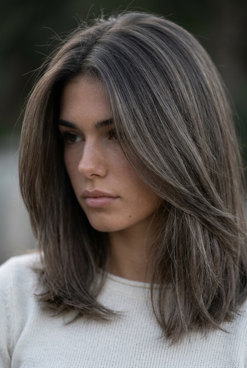 long ash brown hair color with charcoal undertones, custom formula for romantic evening events