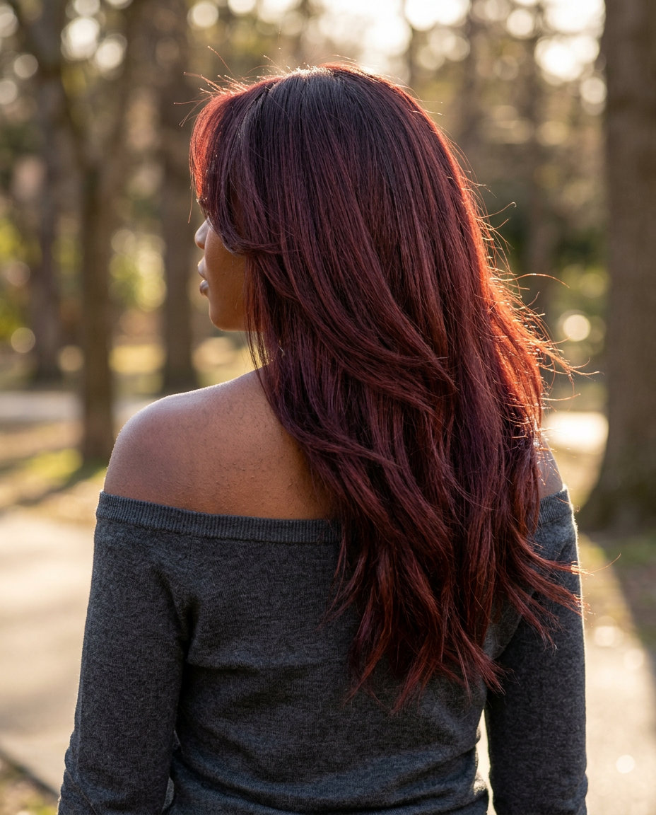 Cherry Cola Ghost Layers: Long Edgy Haircut long haircut in deep cherry cola with red-violet undertones and internal ghost layers