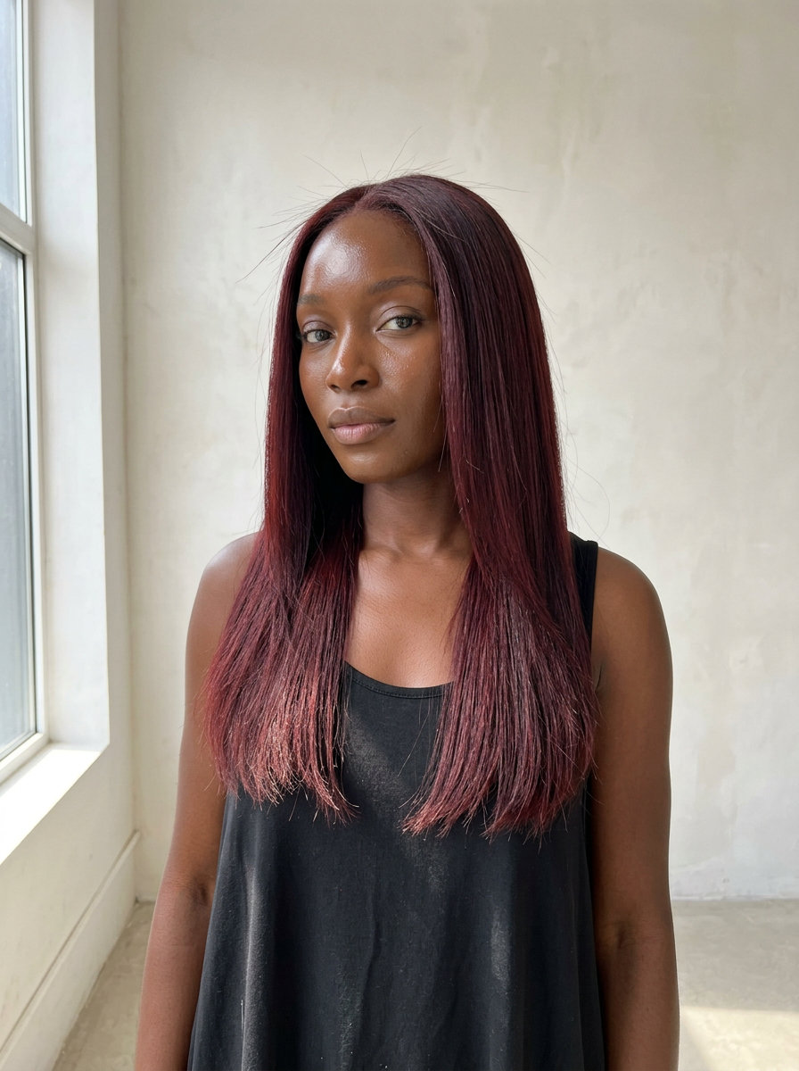Cherry Cola Long Haircut 2026: Edgy Style long soft-blunt haircut in deep cherry cola with red-violet undertones, color melting, center part — edgy and dramatic