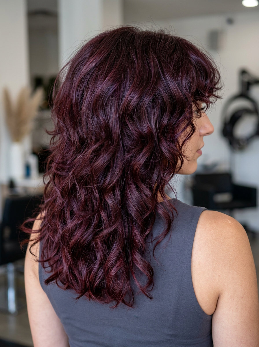 mid-length shag haircut with cherry cola red, carved layers and curly fringe for bold vampy style
