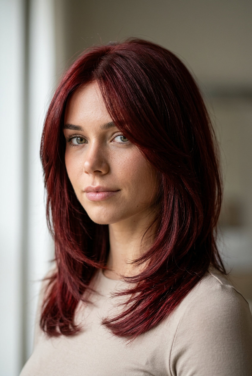 medium cherry cola red shag with sculpted waves and no bangs for elegant sophistication