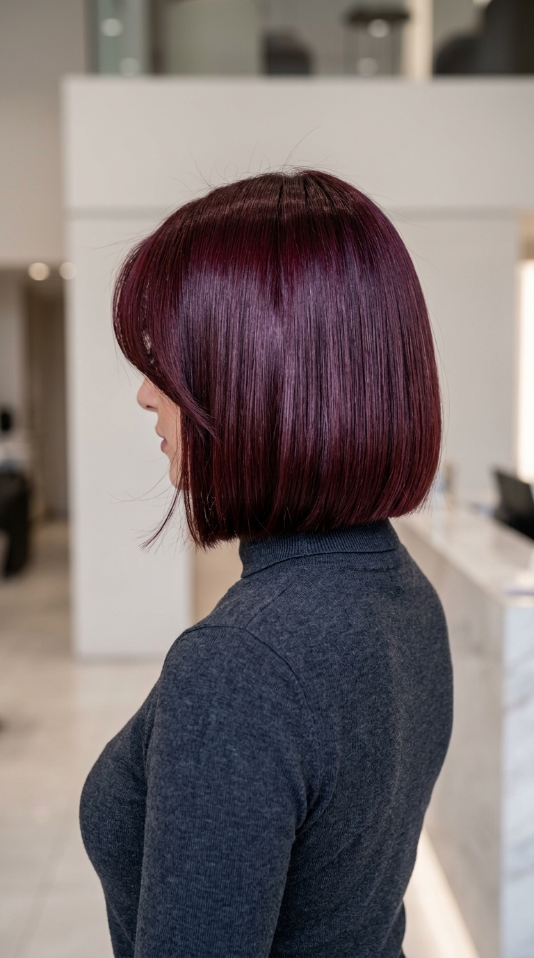 neck-length italian bob with cherry cola red, side-swept fringe, blunt cut — sophisticated summer date