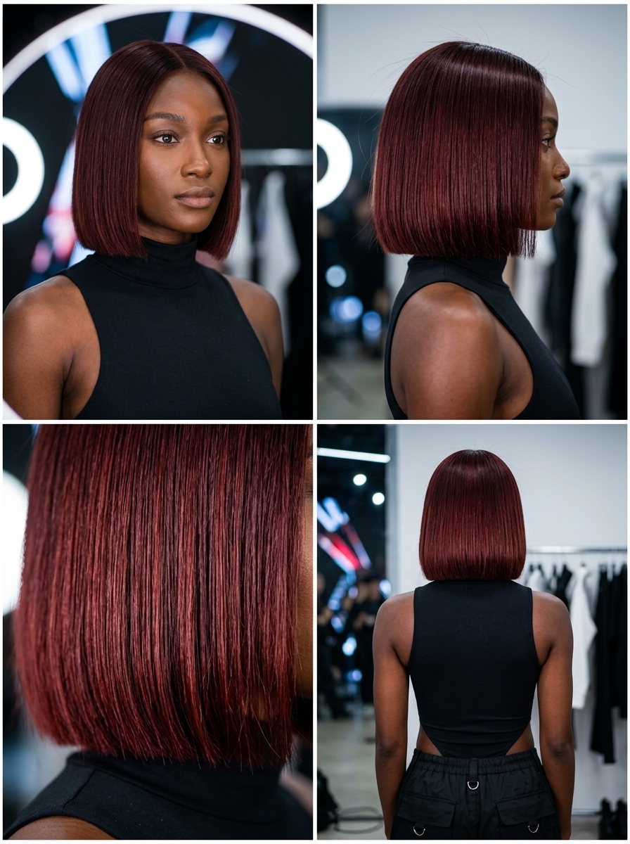 Bold Cherry Cola Bob Hairstyle 2026 chin-length blunt bob cherry cola red-brown with violet undertones, razor-sharp perimeter, no bangs — bold fashion event