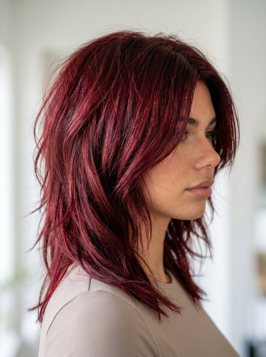 Textured Cherry Cola Bob 2026 short french bob haircut in cherry cola with deep red violet undertones, textured layers, wispy bangs — bold edgy