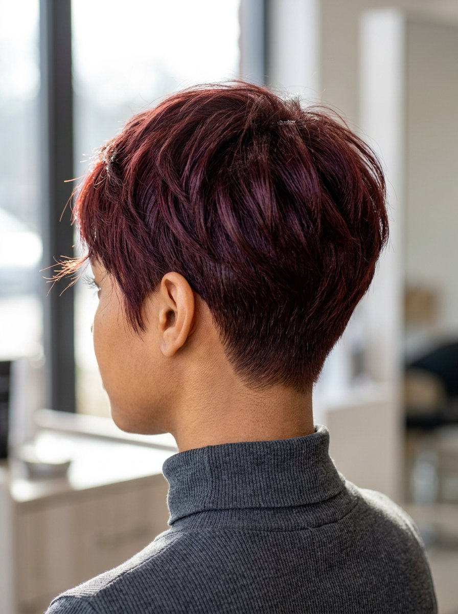 Y2K Glam Summer Pixie Haircuts 2026: Cherry Cola Bixie very short bixie haircut with deep cherry cola red and mahogany undertones, point-cut ends — bold date night