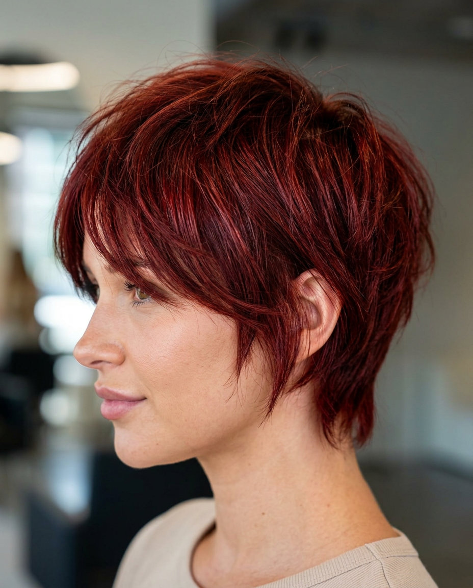 Vibrant Summer Pixie Haircuts 2026: Cherry Cola Red very short razored pixie haircut with cherry cola red and violet undertones, choppy texture — edgy music festival
