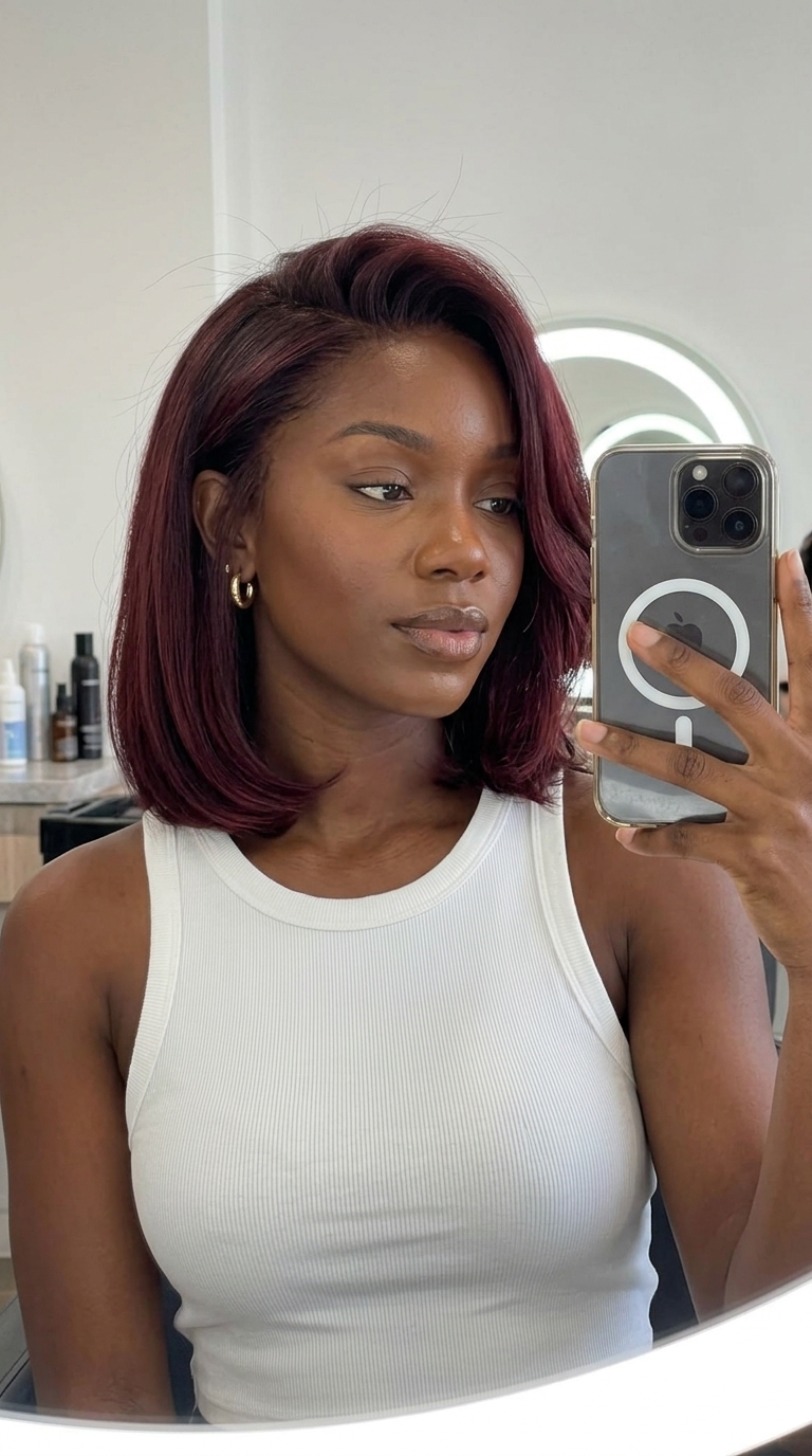 collarbone-length cherry red blunt bob with violet undertones and soft waves for playful vibe
