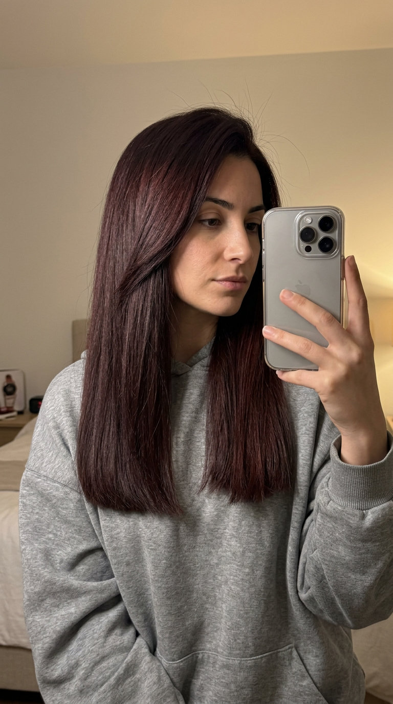 long one-length haircut with midnight cherry, deep chocolate and violet-red for sophisticated look