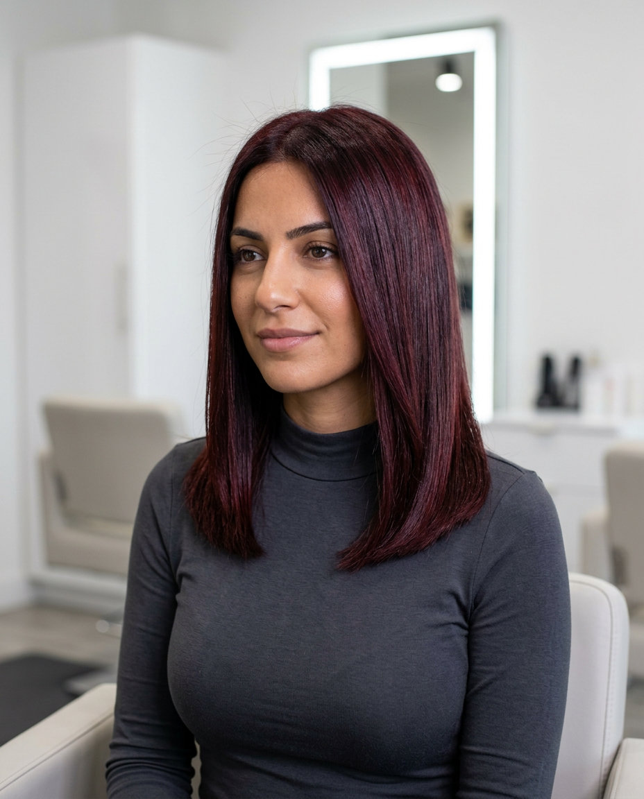 Cherry Cola Brunette Hair Color 2026 long espresso brunette with cherry red violet undertones, permanent color, blunt cut for date night