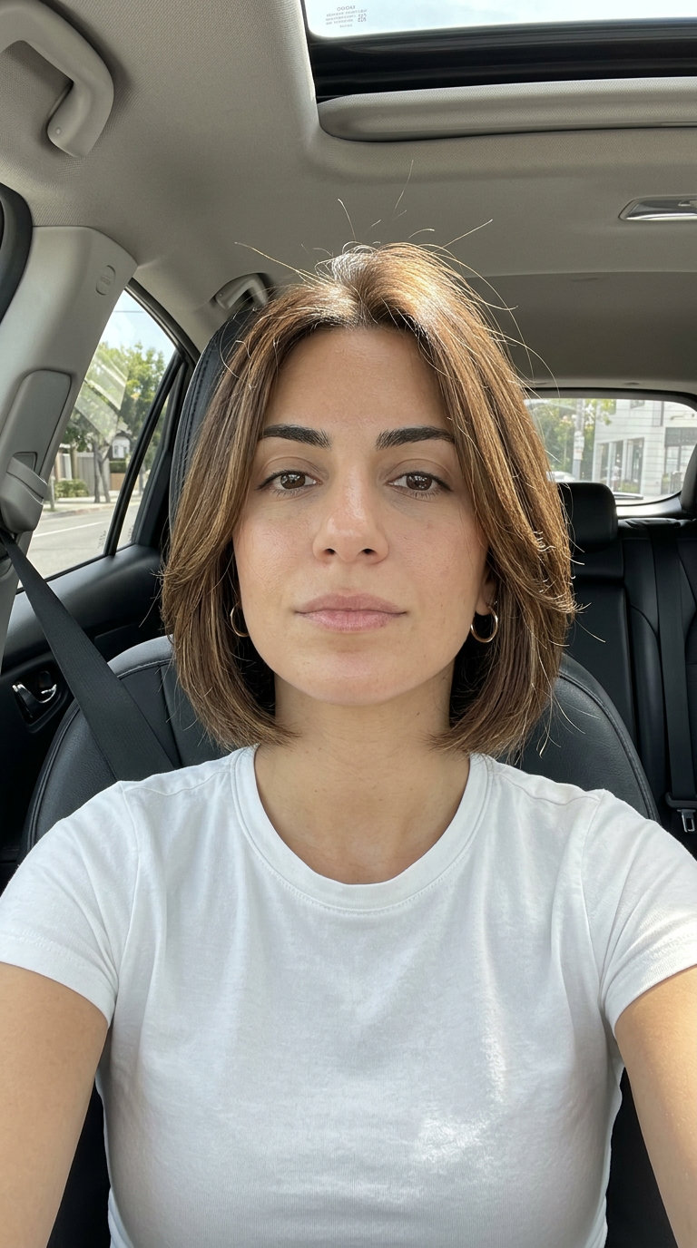short french bob with chestnut brown and sun-kissed babylights for an effortless look