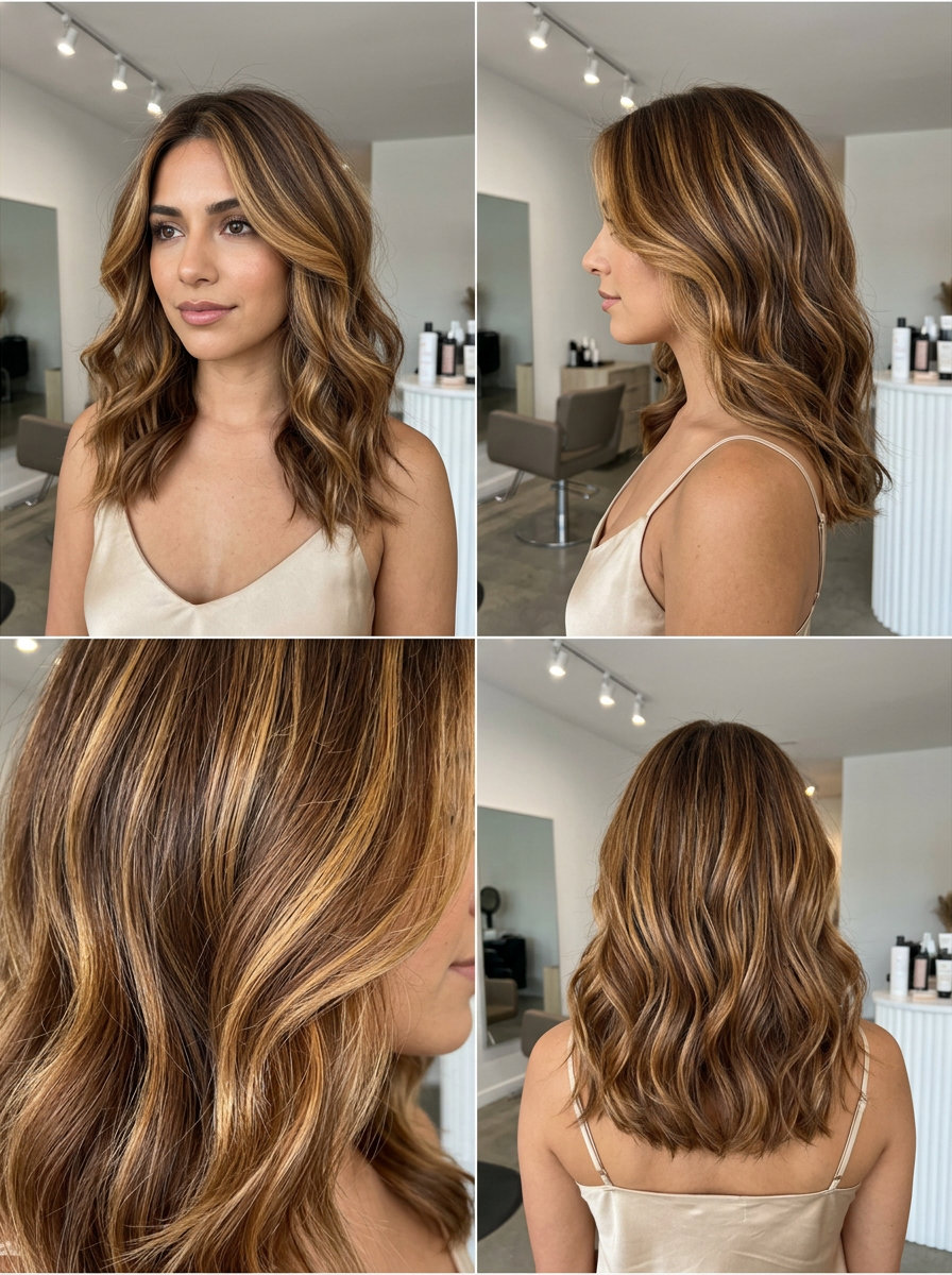 Glamorous Butterscotch Swirl Highlights 2026 Chestnut base butterscotch swirl highlights hair color, long layered cut for glamorous look