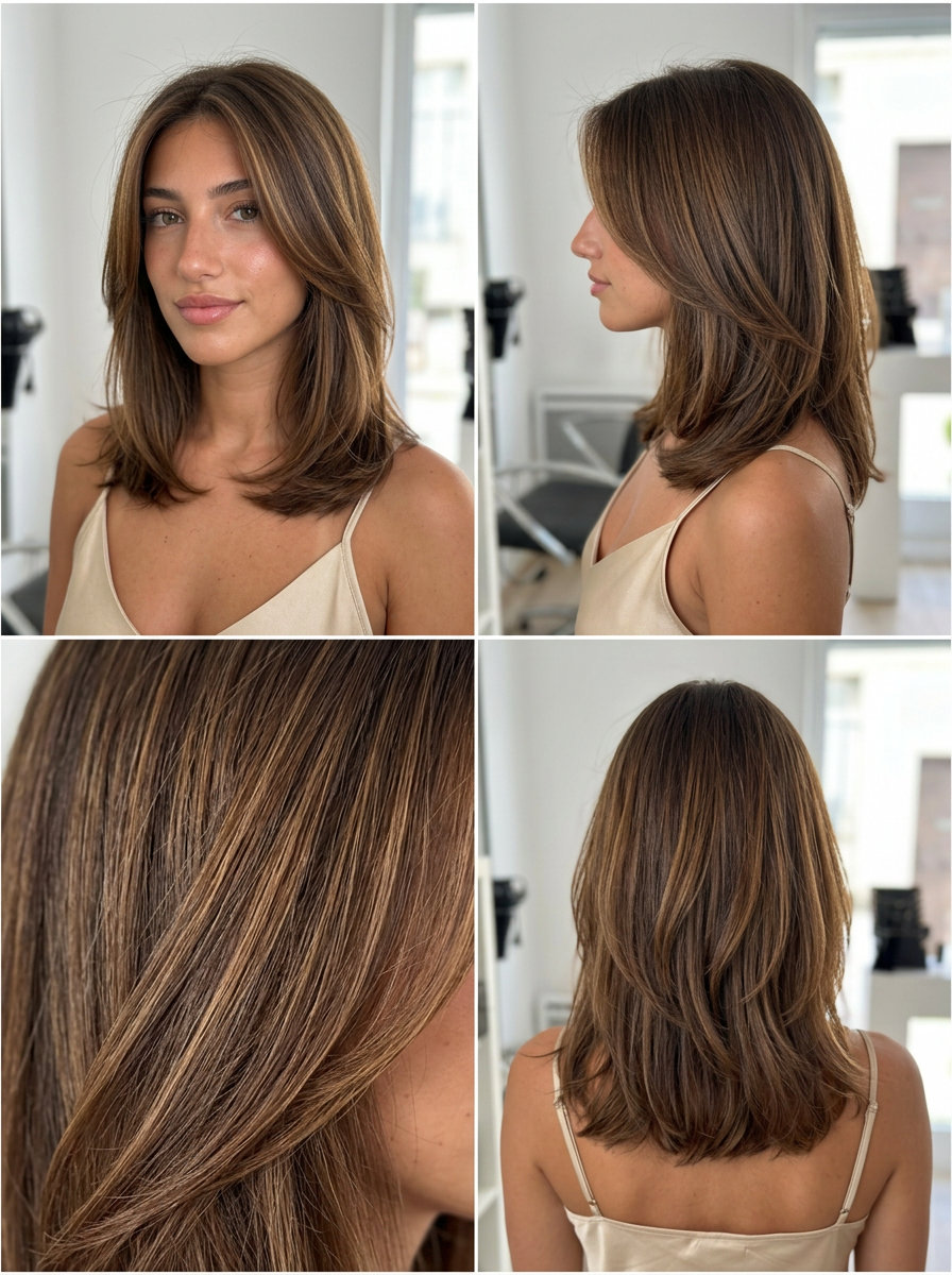 Chestnut Candlelight Balayage Brunette 2026 long chestnut candlelight balayage on brunette with warm amber babylights, subtle sun-kissed effect for brunch