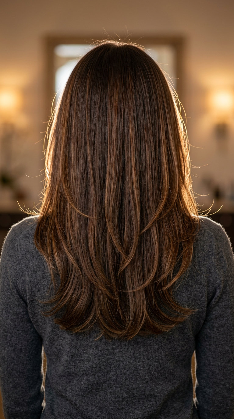 Chestnut Face-Framing Brunette 2026 long layered haircut with chestnut face-framing babylights and natural brunette base for events