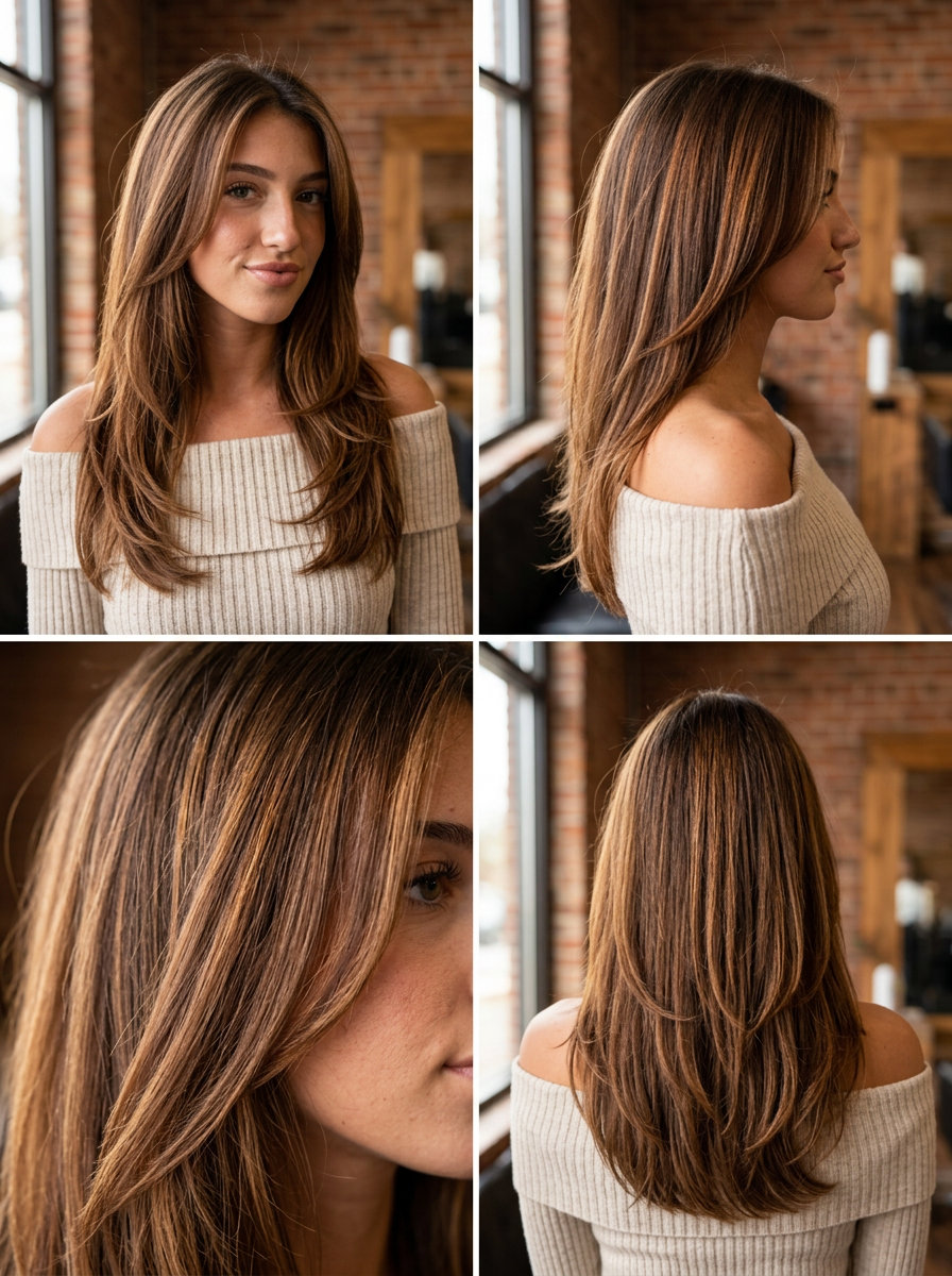 Chestnut Praline Layers: Sun-Kissed Brunette 2026 long layered haircut in chestnut praline brunette with copper-gold highlights for summer