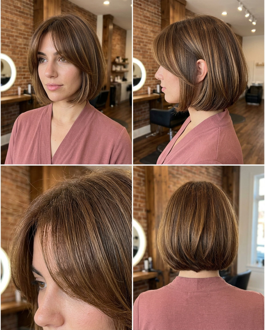 short italian bob haircut with warm chestnut & golden babylights, 70s curtain bangs for weekend