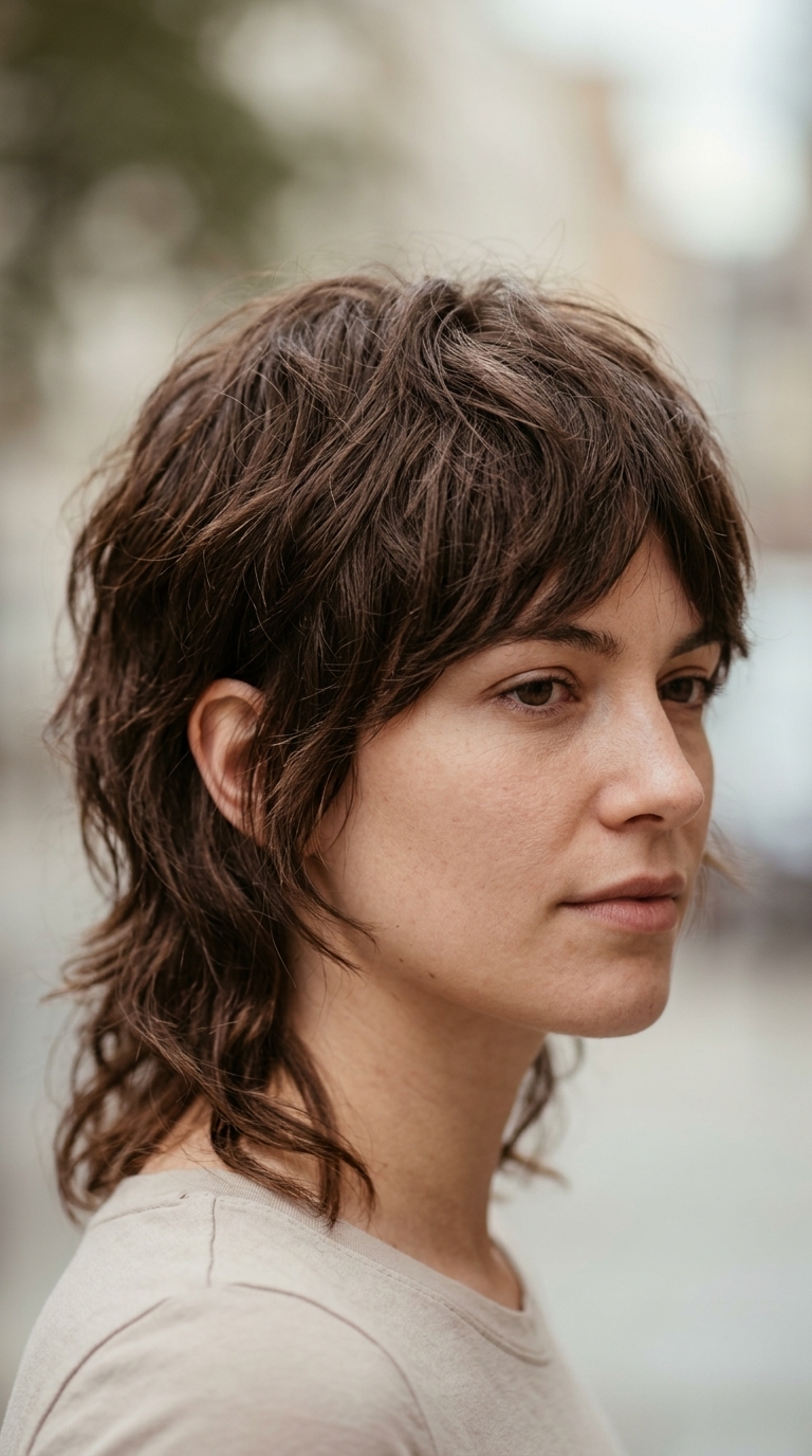 short chocolate brown mullet with warm undertones, choppy layers, curtain bangs — chic