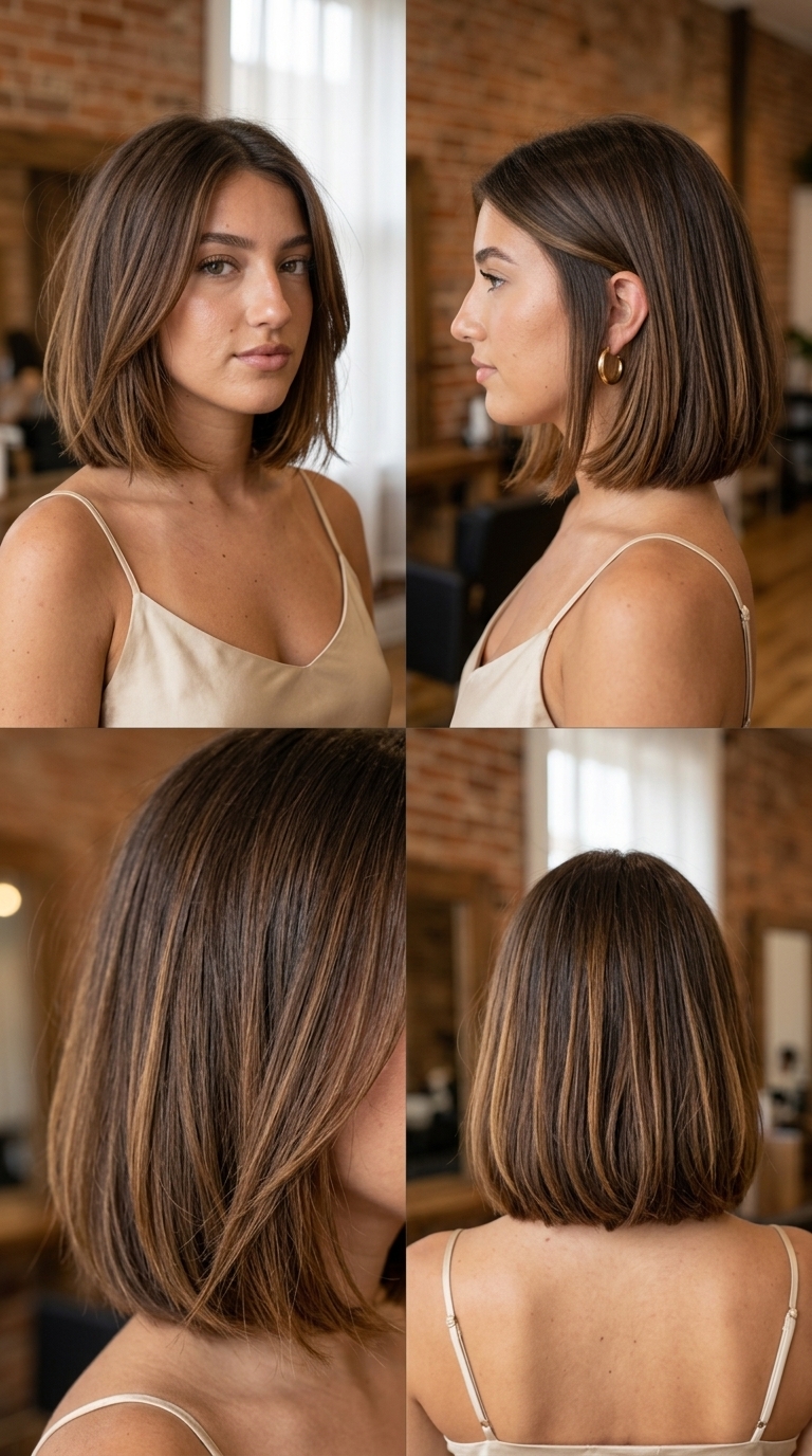 Chocolate Brunette French Bob 2026 chin-length chocolate brunette bob with caramel ribbons and point-cut ends for round face