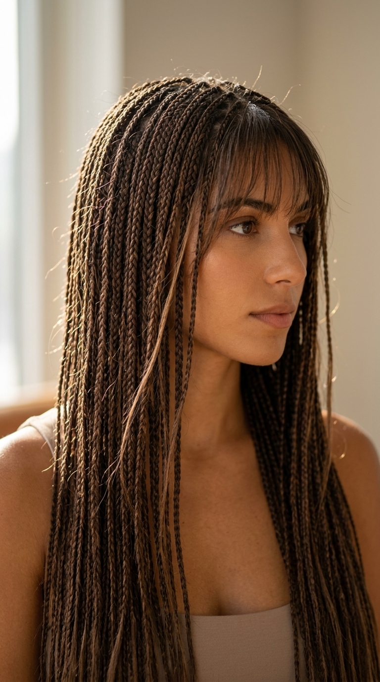 long thin braids with warm chocolate brunette, Birkin bangs, wispy micro-braids — retro chic hairstyle