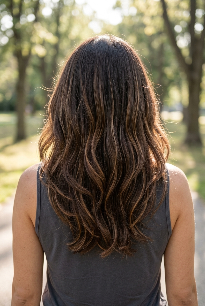 medium U-shaped haircut with deep chocolate brunette & caramel ribbons, soft layers, no bangs — playful summer style