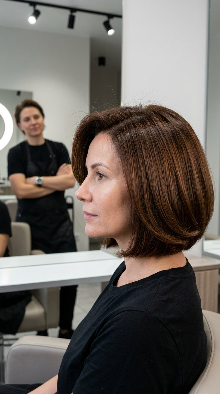 The Italian Bob: Chic Summer Haircut 2026 shoulder-length Italian bob haircut in warm chocolate brunette with internal layers and no bangs for summer gala