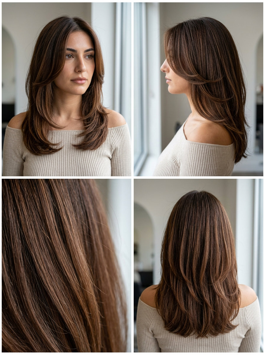 Molten Chocolate Curve Layers: Romantic Brunette 2026 medium-long haircut in molten chocolate brunette with caramel lowlights and curve layers for summer