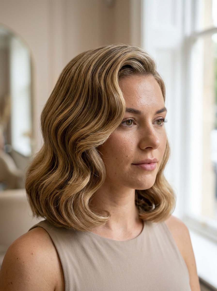 short wavy bob haircut with chocolate brown, mahogany lowlights — glamorous date night style