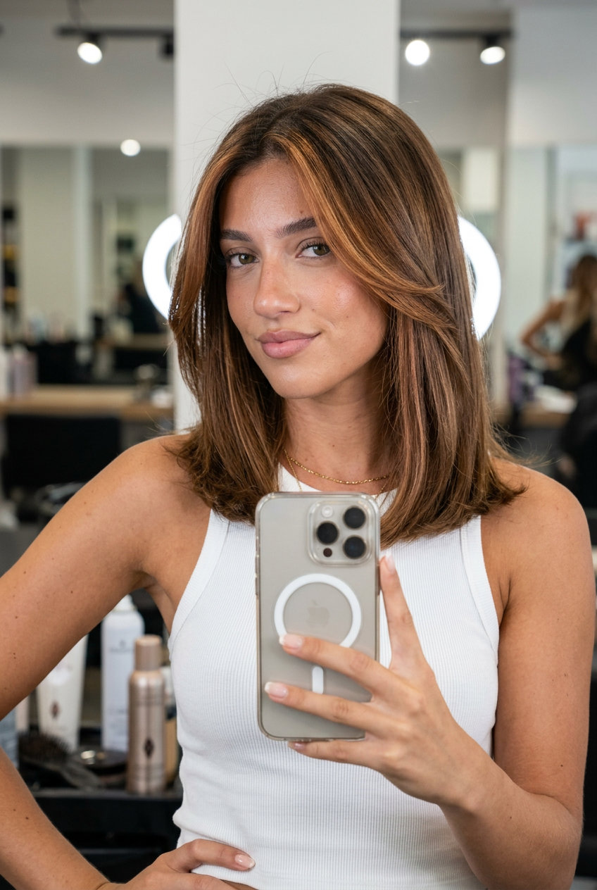 Cinnamon Spice Face-Framing Brunette 2026 long brunette hair with cinnamon face-framing, balayage technique, curtain bangs — playful summer look