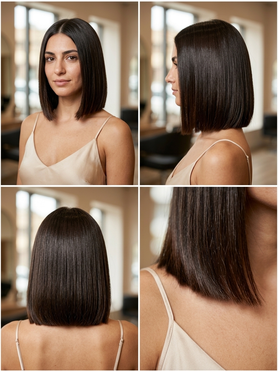 collarbone-length blunt bob with clear gloss and center part for luxurious shine